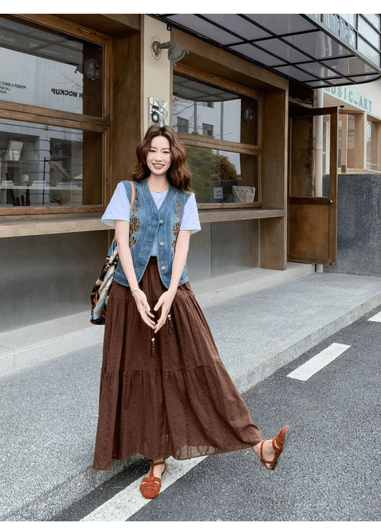 여행 휴가 레트로 스타일 절묘한 자수 데님 베스트 세트 여성 레저 슬림해 보이는 하이웨이스트 반신 스커트 투피스 세트 상세 이미지 8