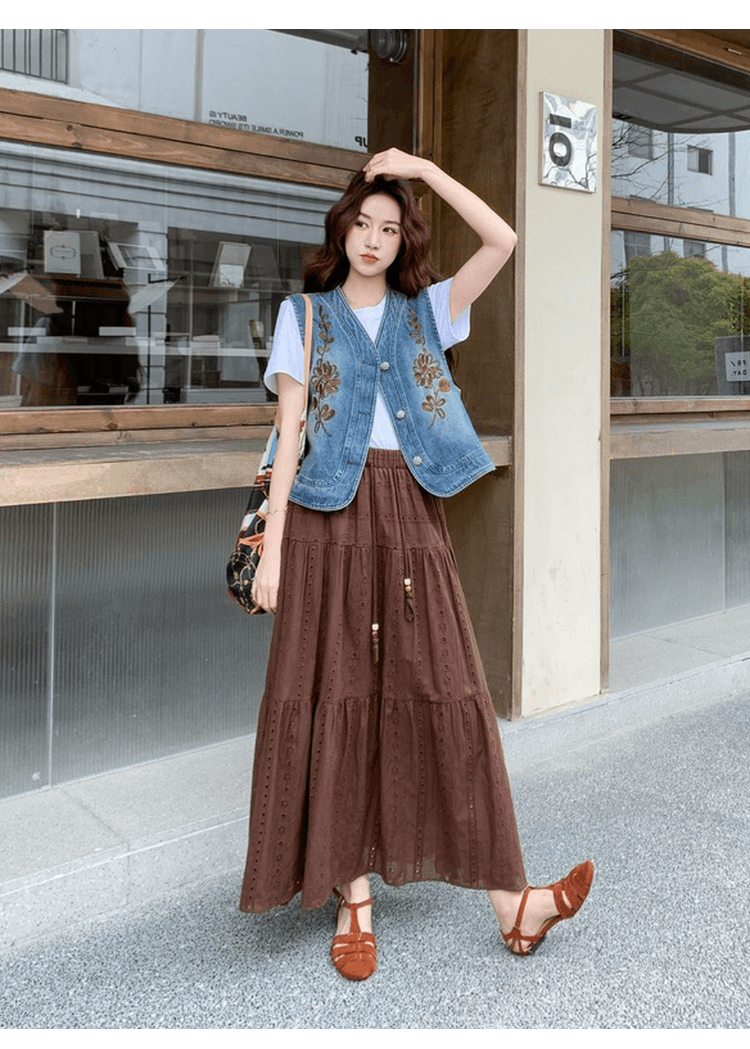 여행 휴가 레트로 스타일 절묘한 자수 데님 베스트 세트 여성 레저 슬림해 보이는 하이웨이스트 반신 스커트 투피스 세트 상세 이미지 9