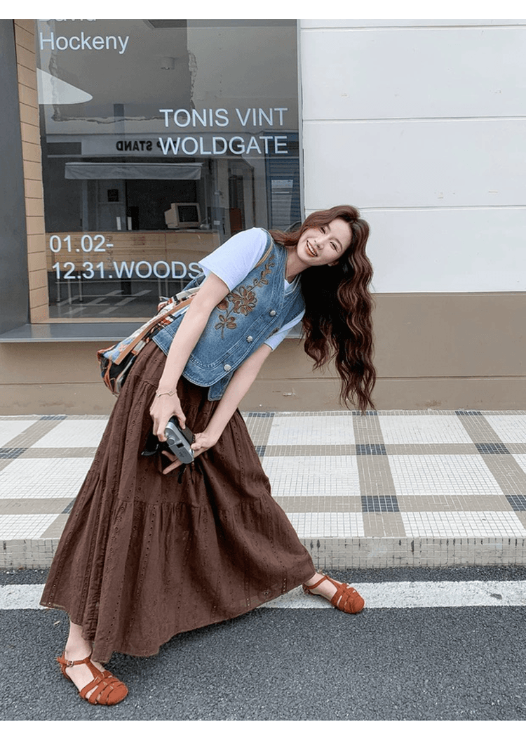 여행 휴가 레트로 스타일 절묘한 자수 데님 베스트 세트 여성 레저 슬림해 보이는 하이웨이스트 반신 스커트 투피스 세트 상세 이미지 11