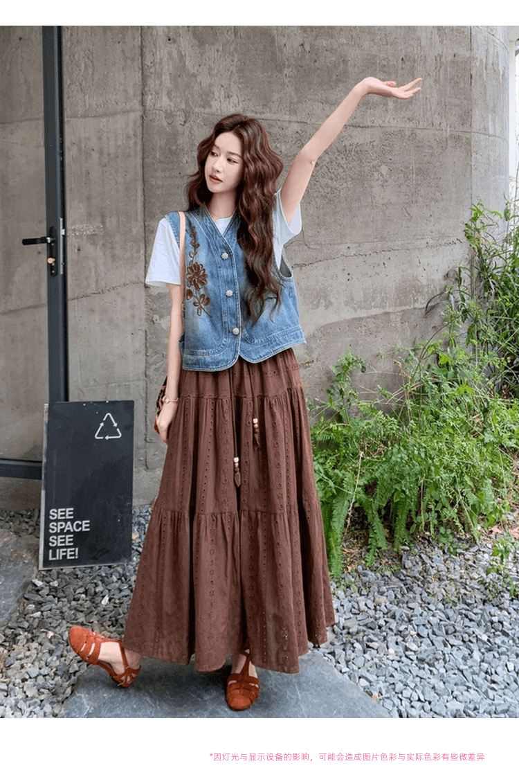 여행 휴가 레트로 스타일 절묘한 자수 데님 베스트 세트 여성 레저 슬림해 보이는 하이웨이스트 반신 스커트 투피스 세트 상세 이미지 19