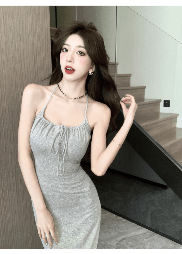 실사 정가 섹시함 순수한 욕망 레이스업 행침 목 슬립 여성 드레스 핫걸 허리 수축 몸매 가꾸기 백리스 타이트 스커트 롱 스커트 상세 이미지 8