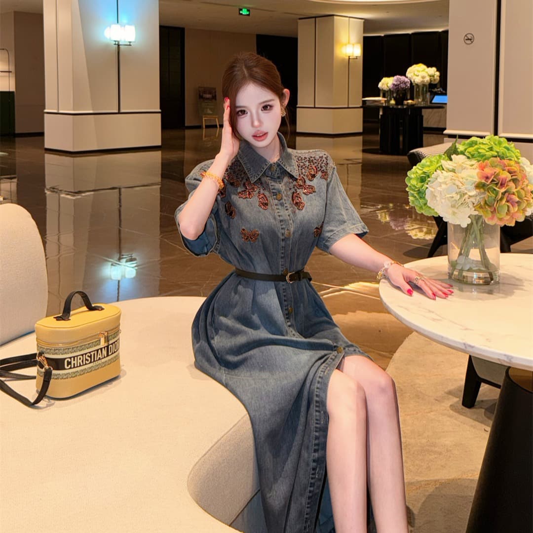 실사 정가 무거운 작업 나비 자수 데님 셔츠 치마 여성 휴가 캐주얼 루즈핏 슬림해 보이는 품격 드레스 이미지 5