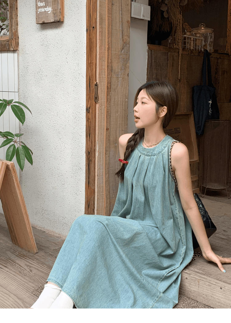 실사 정가 레트로 민소매 행침 목 데님 여성 드레스 휴가 캐주얼 루즈핏 슬림해 보이는 오프숄더 품격 롱 스커트 상세 이미지 1