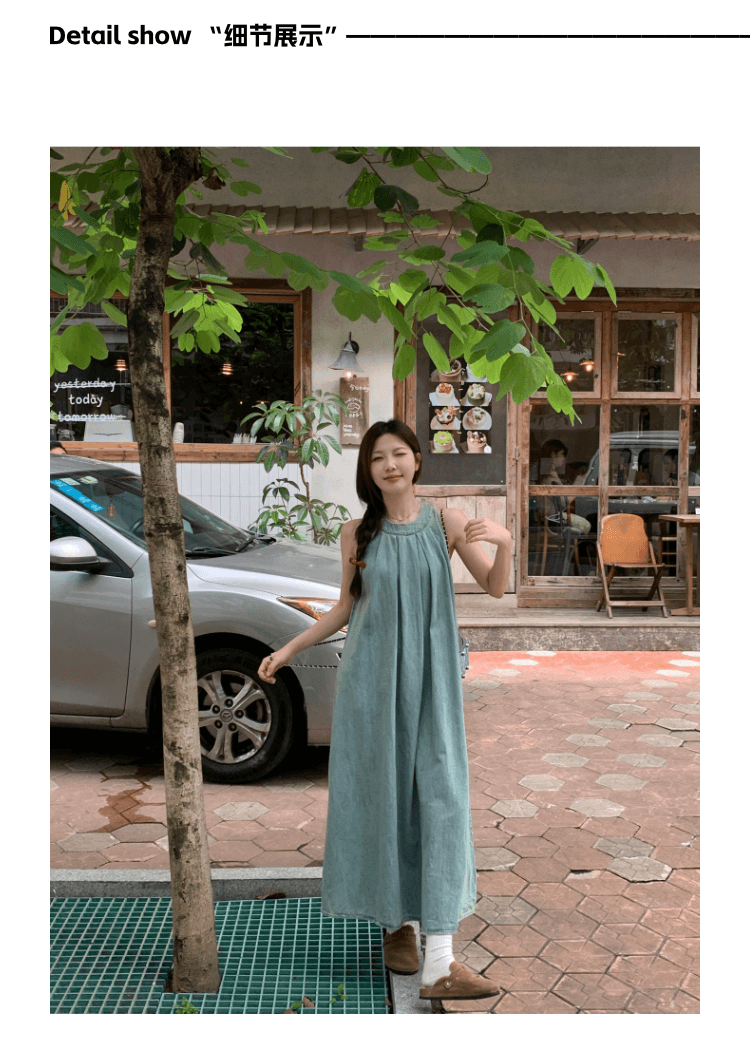 실사 정가 레트로 민소매 행침 목 데님 여성 드레스 휴가 캐주얼 루즈핏 슬림해 보이는 오프숄더 품격 롱 스커트 상세 이미지 3
