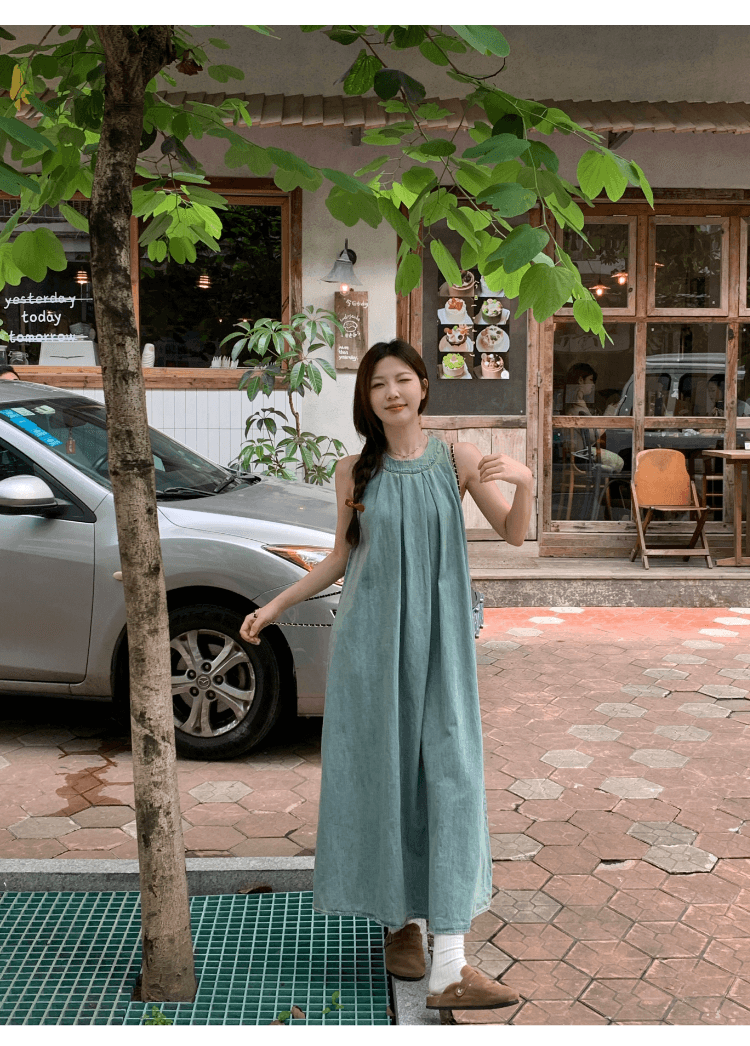 실사 정가 레트로 민소매 행침 목 데님 여성 드레스 휴가 캐주얼 루즈핏 슬림해 보이는 오프숄더 품격 롱 스커트 상세 이미지 12