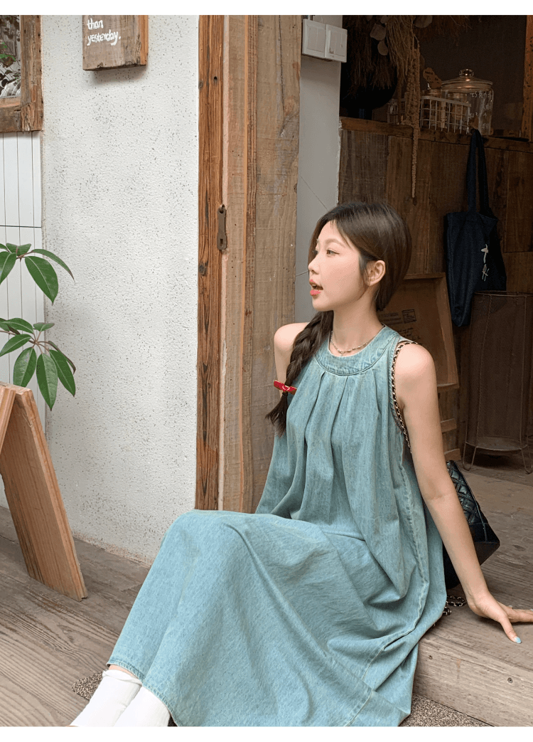 실사 정가 레트로 민소매 행침 목 데님 여성 드레스 휴가 캐주얼 루즈핏 슬림해 보이는 오프숄더 품격 롱 스커트 상세 이미지 14