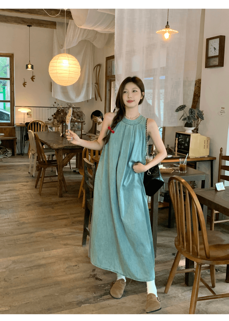 실사 정가 레트로 민소매 행침 목 데님 여성 드레스 휴가 캐주얼 루즈핏 슬림해 보이는 오프숄더 품격 롱 스커트 상세 이미지 15