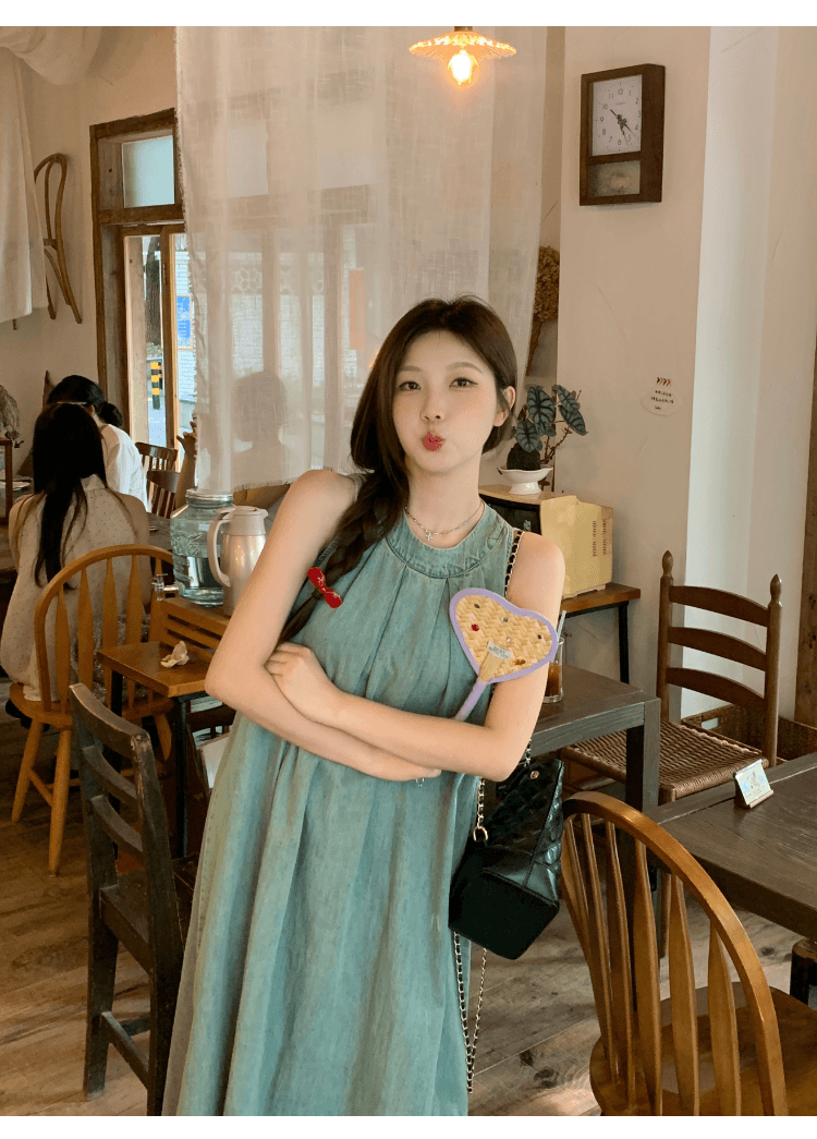 실사 정가 레트로 민소매 행침 목 데님 여성 드레스 휴가 캐주얼 루즈핏 슬림해 보이는 오프숄더 품격 롱 스커트 상세 이미지 17