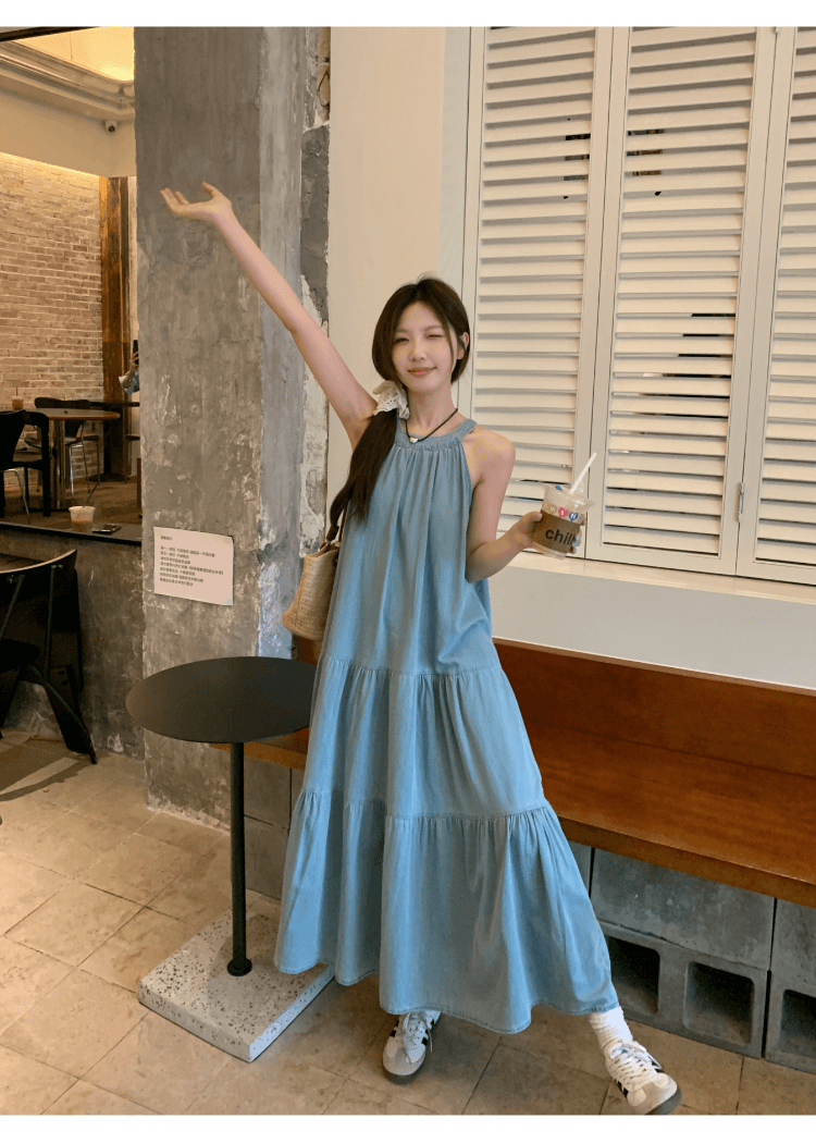 실사 정가 휴가 바람 행침 목 슬립 데님 여성 드레스 디자인 센스 루즈핏 슬림해 보이는 품격 케이크 롱 스커트 상세 이미지 5