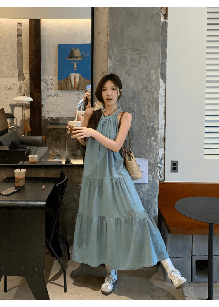 실사 정가 휴가 바람 행침 목 슬립 데님 여성 드레스 디자인 센스 루즈핏 슬림해 보이는 품격 케이크 롱 스커트 상세 이미지 12