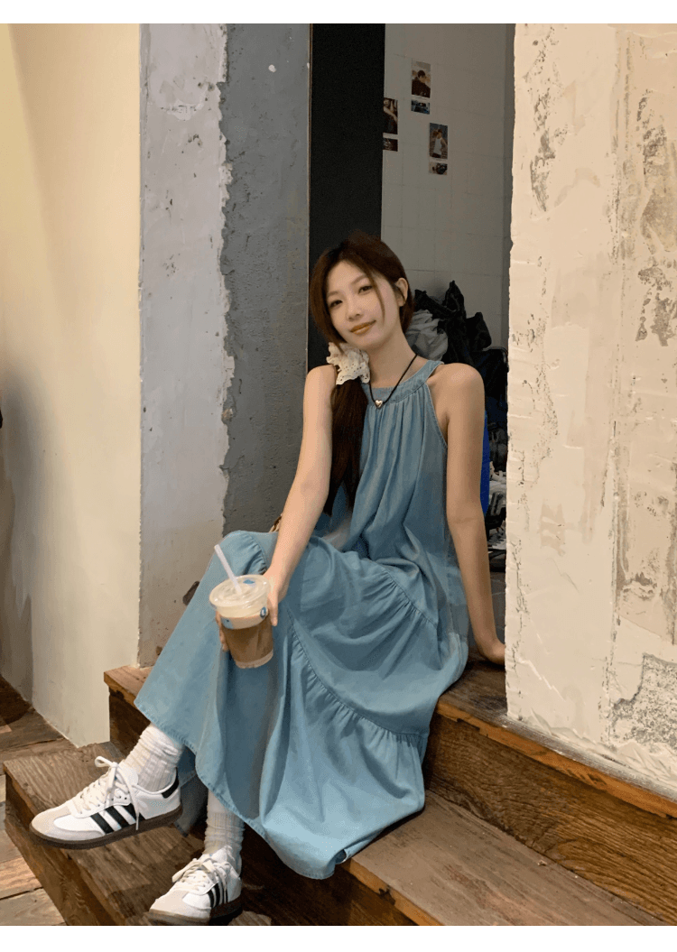 실사 정가 휴가 바람 행침 목 슬립 데님 여성 드레스 디자인 센스 루즈핏 슬림해 보이는 품격 케이크 롱 스커트 상세 이미지 13