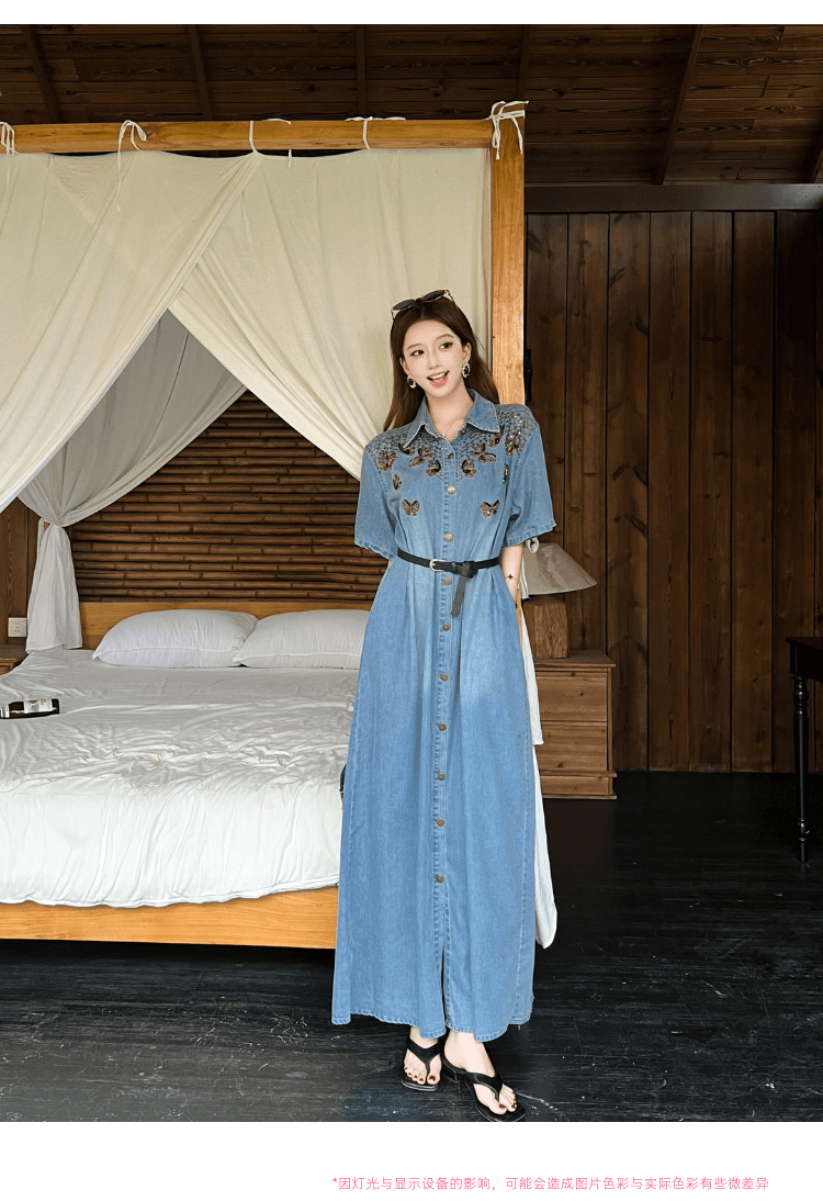 실사 정가 무거운 작업 나비 자수 데님 셔츠 치마 여성 휴가 캐주얼 루즈핏 슬림해 보이는 품격 드레스 상세 이미지 14