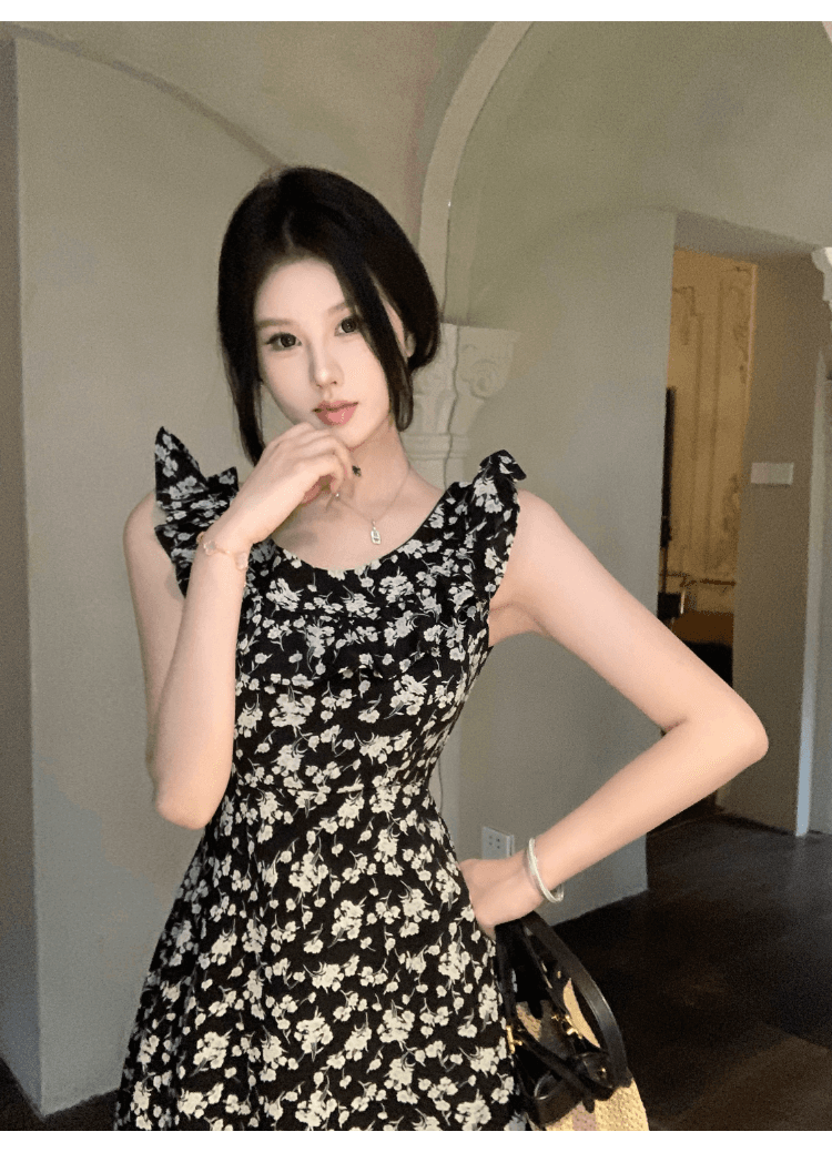 실사 정가 프랑스식 작은 날다 소매 장미 섬 꽃무늬 여성 드레스 여행 휴가 허리 수축 몸매 가꾸기 품격 롱 스커트 상세 이미지 16