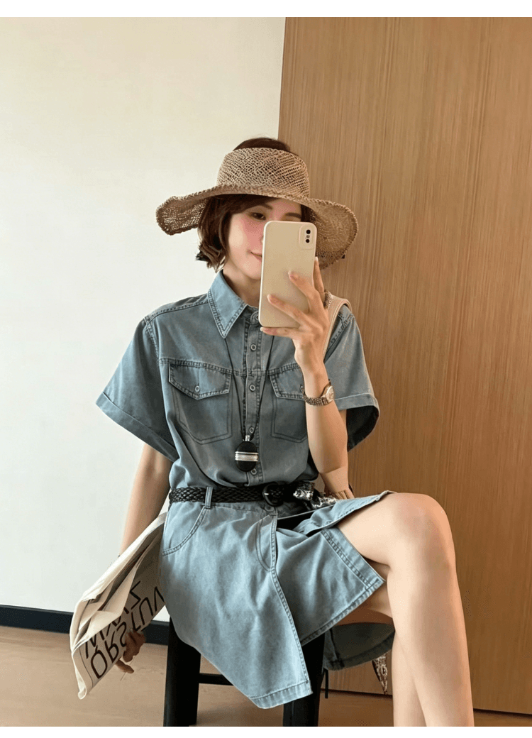 실사 정가 레트로 워크웨어 반팔 데님 여성 드레스 레이스업 허리 수축 하나 슬라이스 랩스커트팬츠 반신 치마 세트 상세 이미지 5
