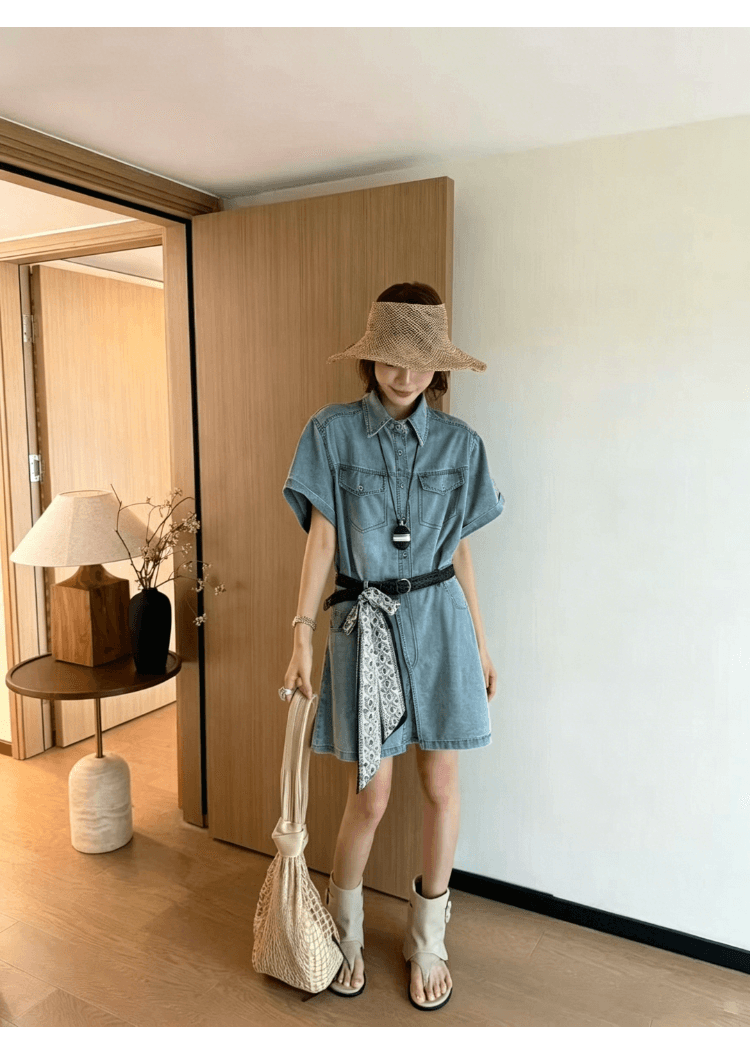 실사 정가 레트로 워크웨어 반팔 데님 여성 드레스 레이스업 허리 수축 하나 슬라이스 랩스커트팬츠 반신 치마 세트 상세 이미지 9