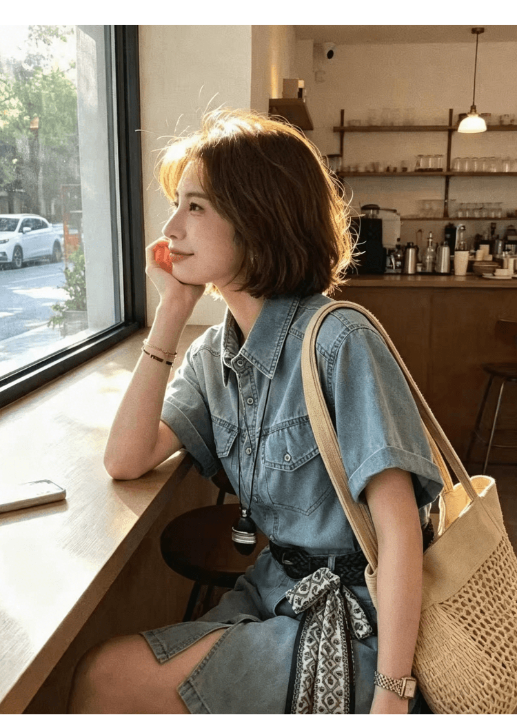 실사 정가 레트로 워크웨어 반팔 데님 여성 드레스 레이스업 허리 수축 하나 슬라이스 랩스커트팬츠 반신 치마 세트 상세 이미지 10