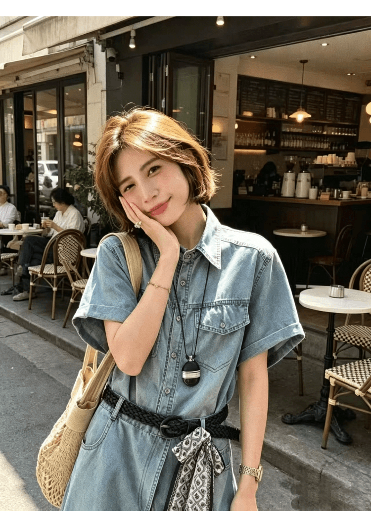 실사 정가 레트로 워크웨어 반팔 데님 여성 드레스 레이스업 허리 수축 하나 슬라이스 랩스커트팬츠 반신 치마 세트 상세 이미지 11