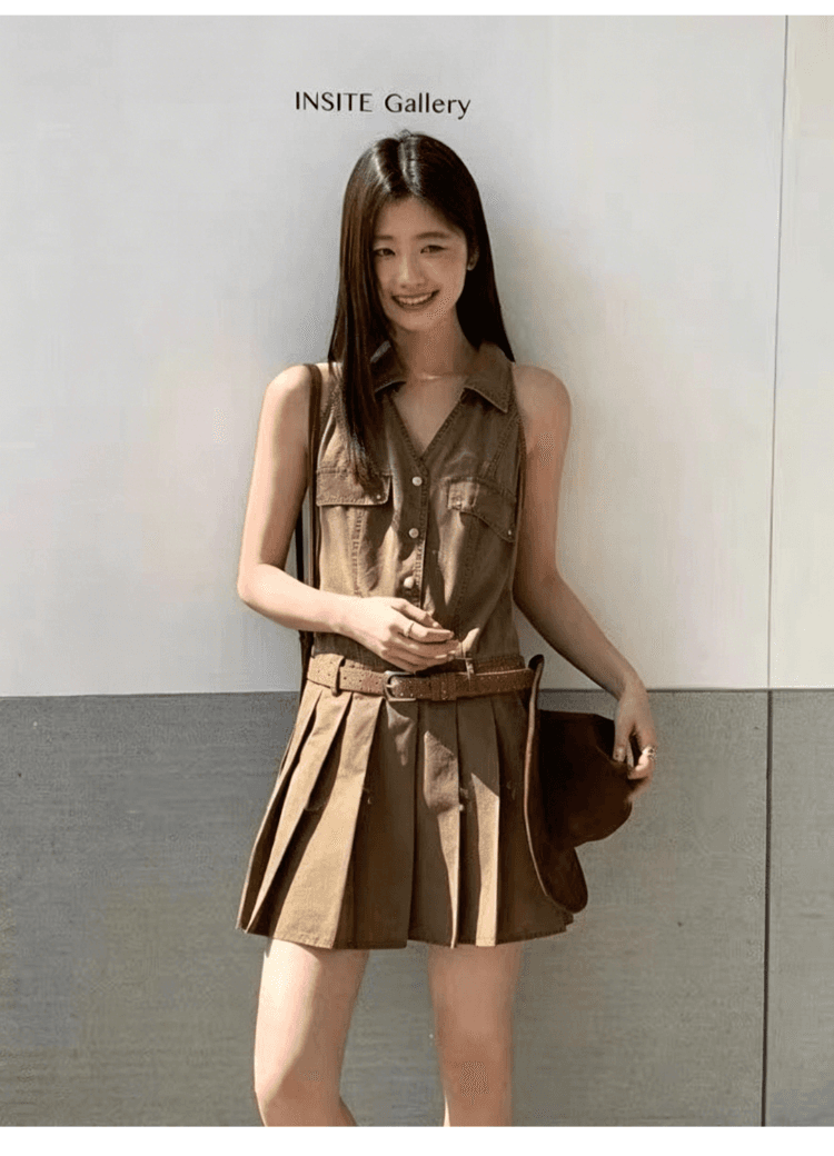 실사 정가 핫걸 워크웨어 민소매 폴로 칼라 여성 드레스 섹시함 허리 수축 슬림해 보이는 품격 플리츠 드레스 상세 이미지 11