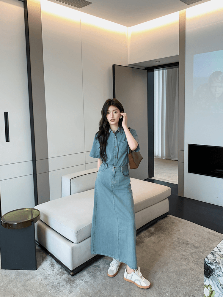 실사 정가 항구 바람 레트로 데님 세트 드레스 여성 휴가 캐주얼 반팔 셔츠 하이웨이스트 반신 스커트 투피스 세트 이미지 3