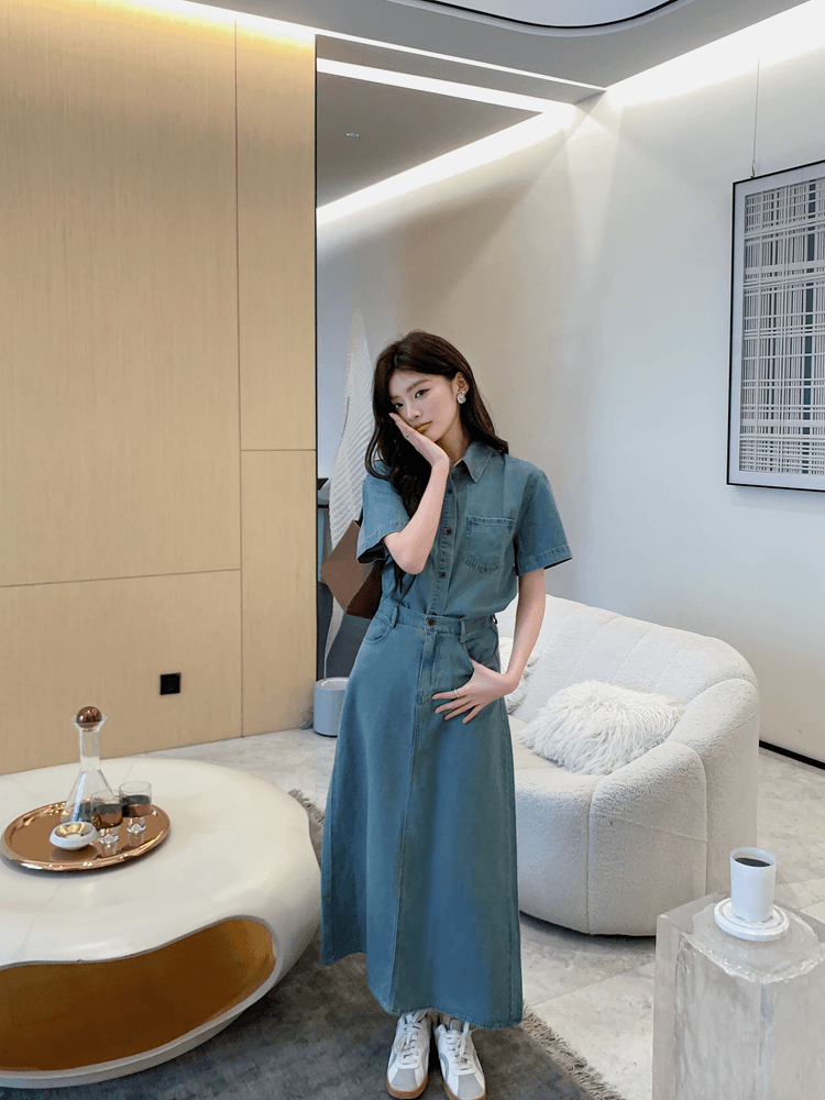 실사 정가 항구 바람 레트로 데님 세트 드레스 여성 휴가 캐주얼 반팔 셔츠 하이웨이스트 반신 스커트 투피스 세트