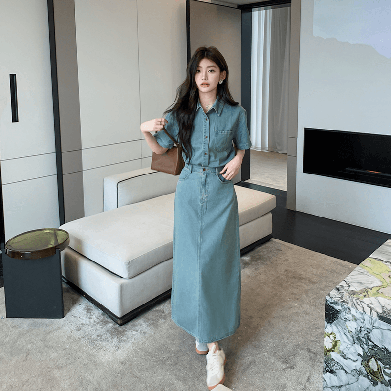 실사 정가 항구 바람 레트로 데님 세트 드레스 여성 휴가 캐주얼 반팔 셔츠 하이웨이스트 반신 스커트 투피스 세트 이미지 5