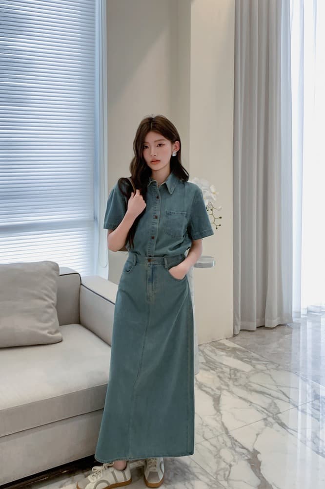 실사 정가 항구 바람 레트로 데님 세트 드레스 여성 휴가 캐주얼 반팔 셔츠 하이웨이스트 반신 스커트 투피스 세트 이미지 6