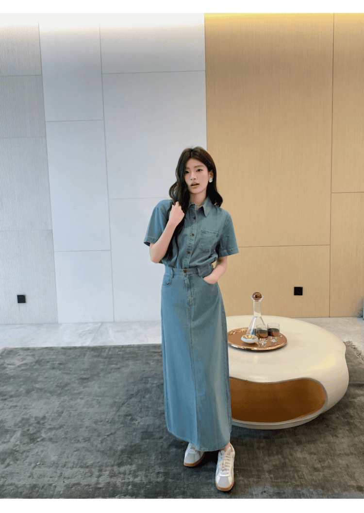 실사 정가 항구 바람 레트로 데님 세트 드레스 여성 휴가 캐주얼 반팔 셔츠 하이웨이스트 반신 스커트 투피스 세트 상세 이미지 5