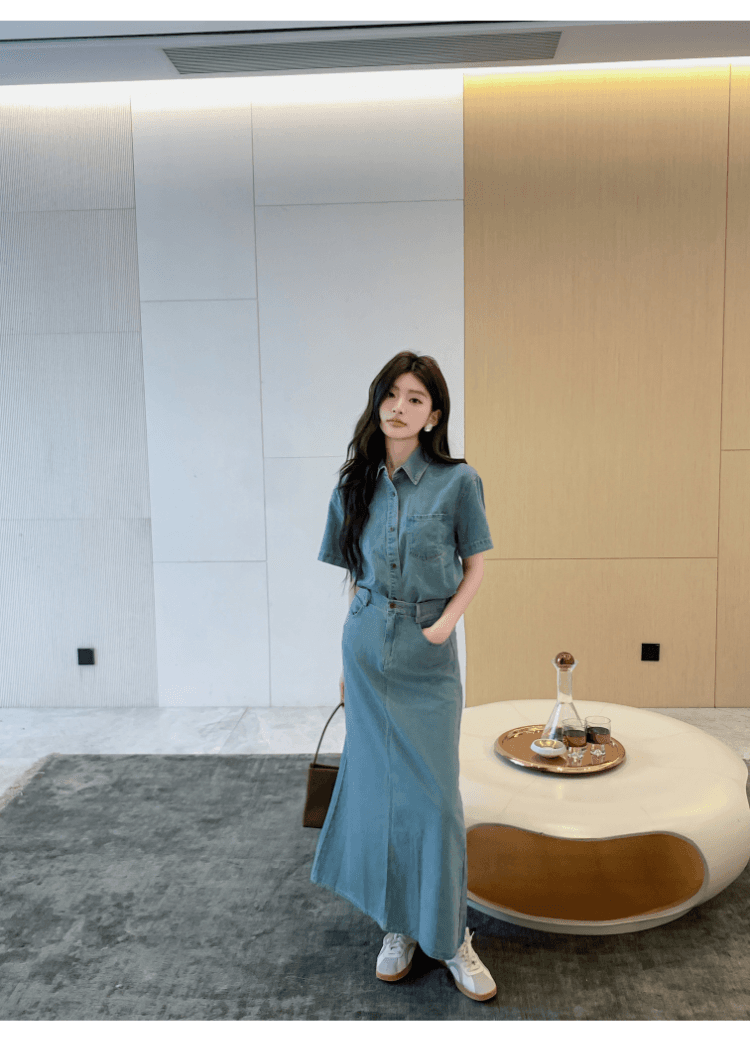 실사 정가 항구 바람 레트로 데님 세트 드레스 여성 휴가 캐주얼 반팔 셔츠 하이웨이스트 반신 스커트 투피스 세트 상세 이미지 6
