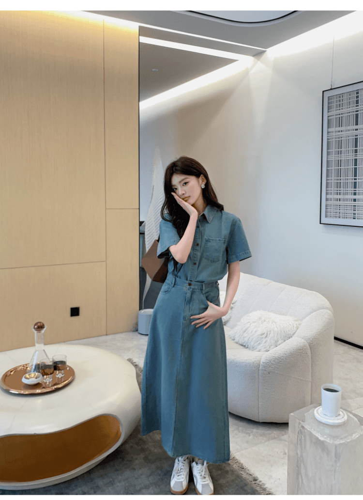 실사 정가 항구 바람 레트로 데님 세트 드레스 여성 휴가 캐주얼 반팔 셔츠 하이웨이스트 반신 스커트 투피스 세트 상세 이미지 7
