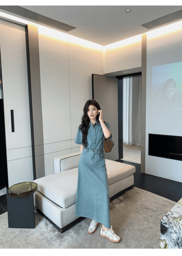 실사 정가 항구 바람 레트로 데님 세트 드레스 여성 휴가 캐주얼 반팔 셔츠 하이웨이스트 반신 스커트 투피스 세트 상세 이미지 11