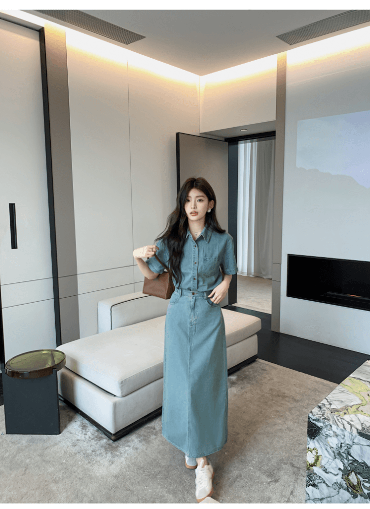 실사 정가 항구 바람 레트로 데님 세트 드레스 여성 휴가 캐주얼 반팔 셔츠 하이웨이스트 반신 스커트 투피스 세트 상세 이미지 12
