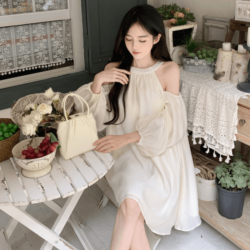 실사 정가 프랑스식 첫사랑 품격 행침 목 오프숄더 여성 드레스 거품 소매 루즈핏 슬림해 보이는 휴가 요정 치마 이미지 2