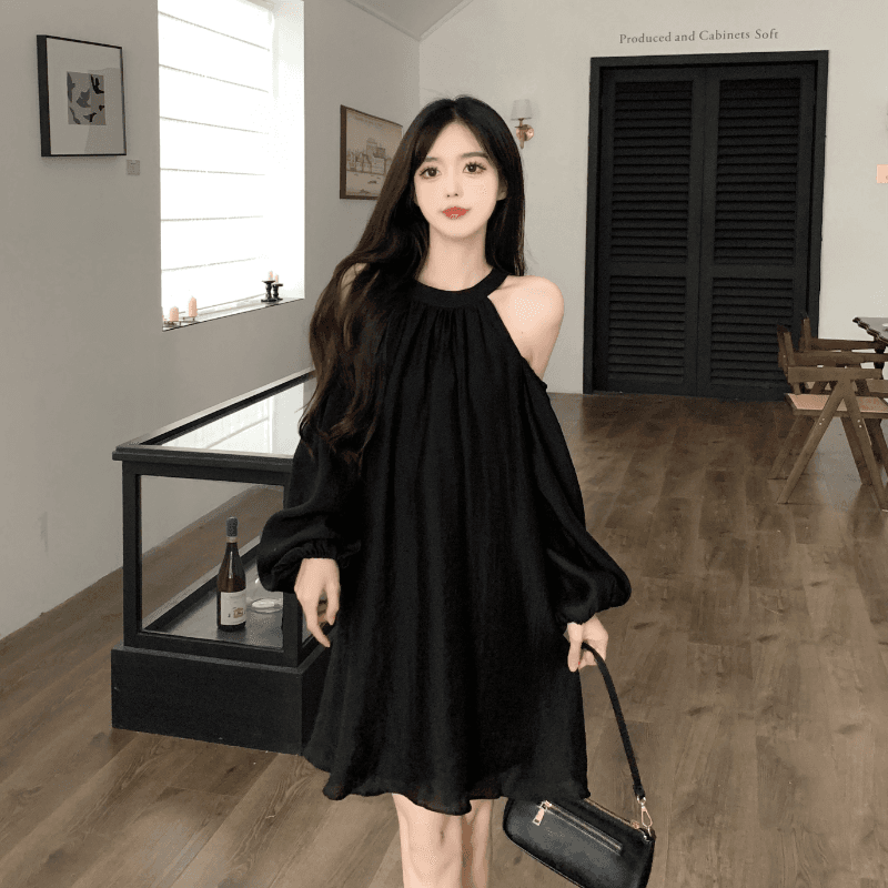 실사 정가 프랑스식 첫사랑 품격 행침 목 오프숄더 여성 드레스 거품 소매 루즈핏 슬림해 보이는 휴가 요정 치마 이미지 5