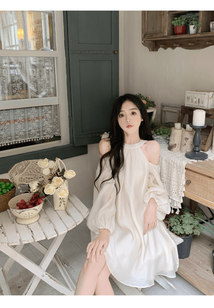 실사 정가 프랑스식 첫사랑 품격 행침 목 오프숄더 여성 드레스 거품 소매 루즈핏 슬림해 보이는 휴가 요정 치마 상세 이미지 11