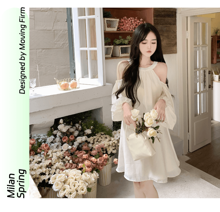 실사 정가 프랑스식 첫사랑 품격 행침 목 오프숄더 여성 드레스 거품 소매 루즈핏 슬림해 보이는 휴가 요정 치마 상세 이미지 15