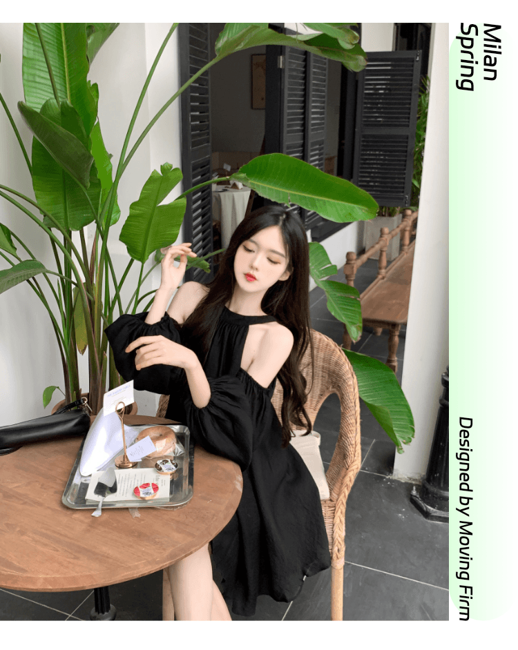 실사 정가 프랑스식 첫사랑 품격 행침 목 오프숄더 여성 드레스 거품 소매 루즈핏 슬림해 보이는 휴가 요정 치마 상세 이미지 24