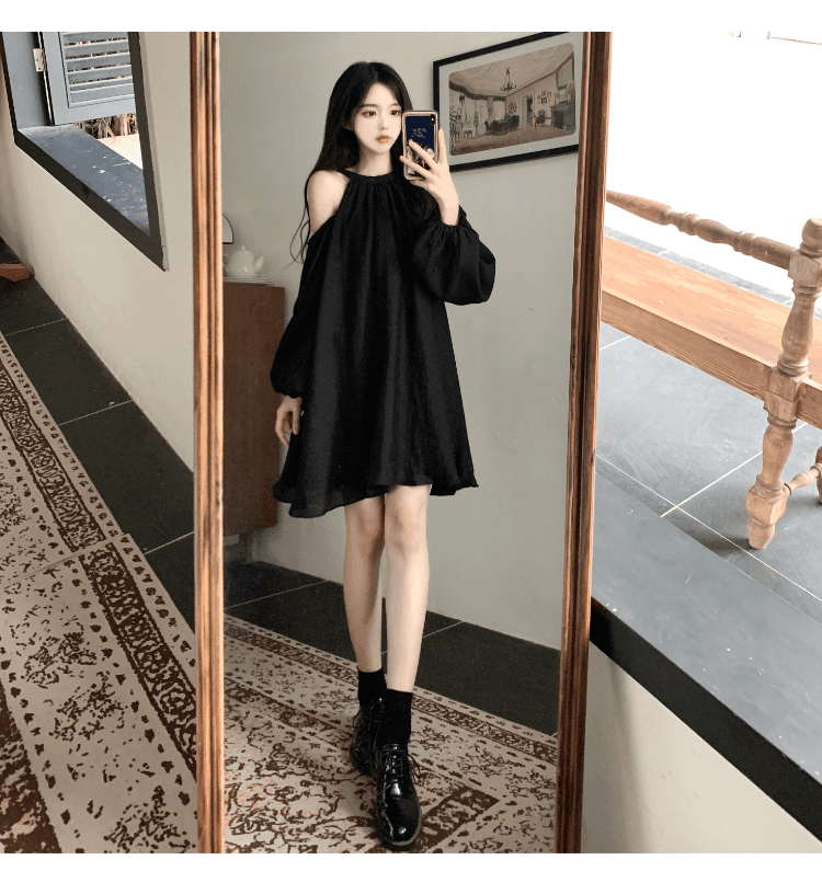 실사 정가 프랑스식 첫사랑 품격 행침 목 오프숄더 여성 드레스 거품 소매 루즈핏 슬림해 보이는 휴가 요정 치마 상세 이미지 29