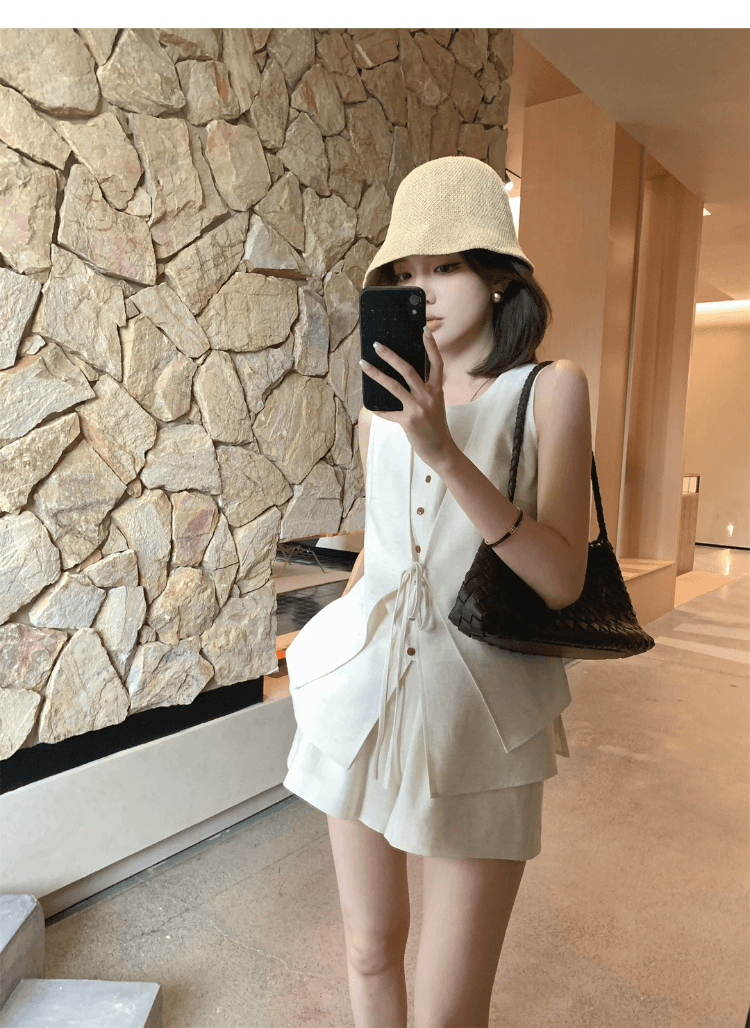 태국 사람 랜드 레인 꼬리 오래된 돈 바람 품격 패션 아마 세트 여성 느슨함 조끼 베스트 넓은 다리 쇼트 스타일 투피스 세트 상세 이미지 8