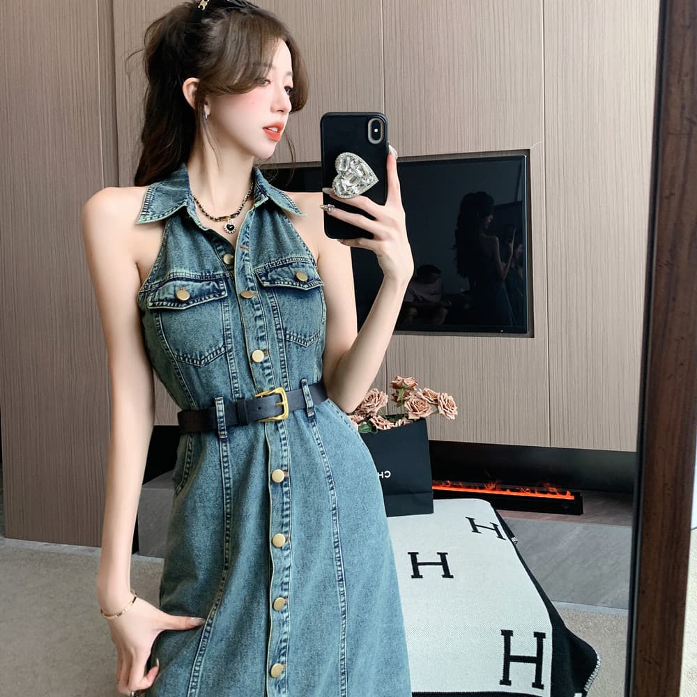 실사 정가 레트로 폴로 칼라 민소매 데님 여성 드레스 핫걸 허리 수축 슬림해 보이는 싱글 줄 버튼 행침 목 롱 스커트 이미지 5