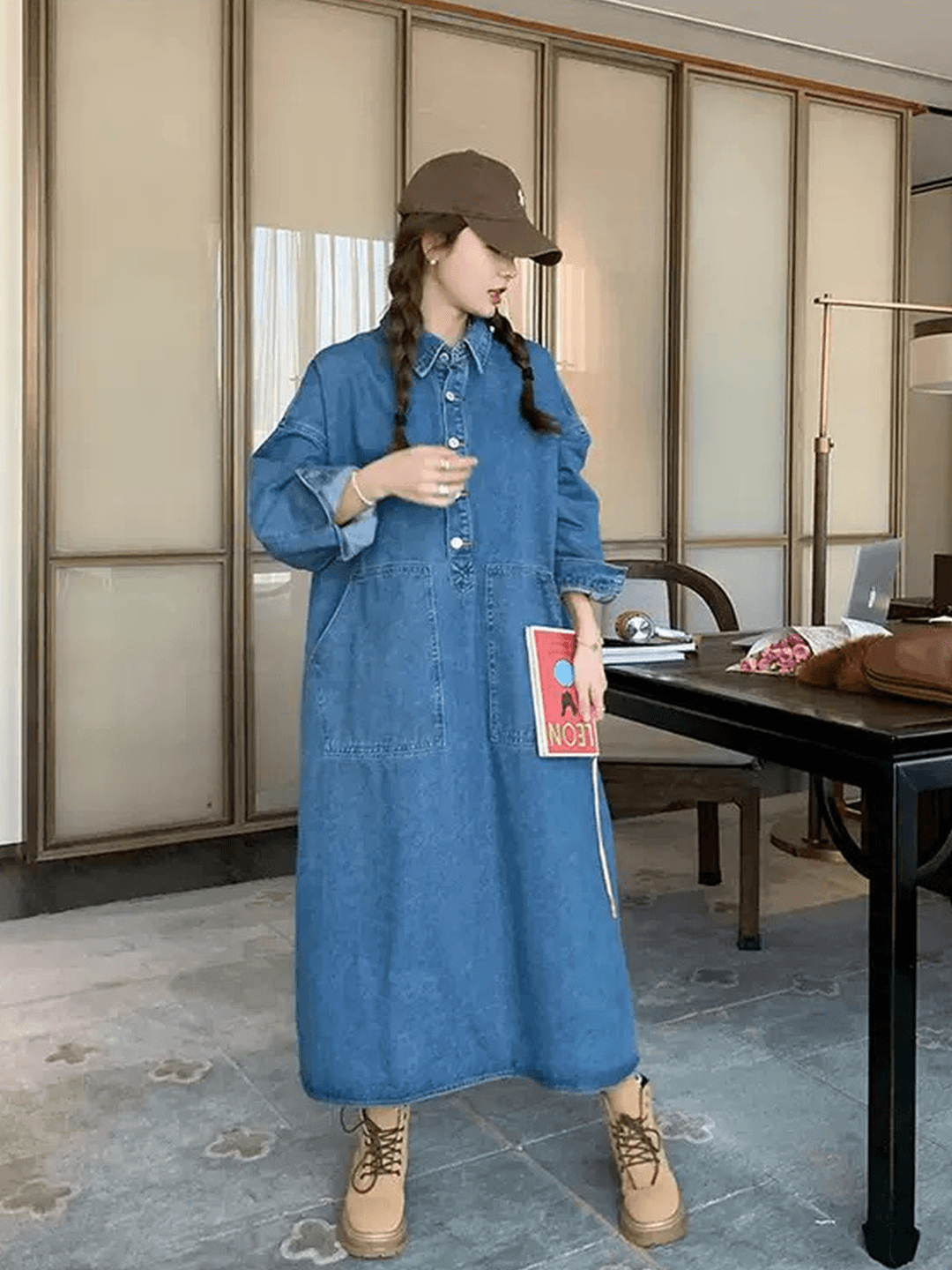 한국 스타일 느긋한 바람 레트로 데님 여성 드레스 디자인 센스 빅 포켓 지방 mm 루즈핏 슬림해 보이는 롱 코트 셔츠 드레스