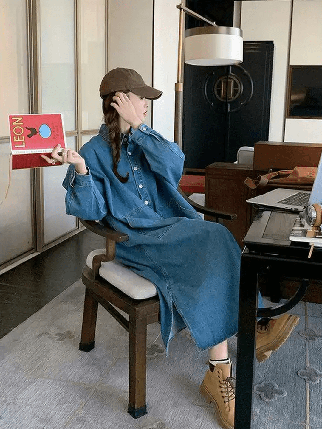 한국 스타일 느긋한 바람 레트로 데님 여성 드레스 디자인 센스 빅 포켓 지방 mm 루즈핏 슬림해 보이는 롱 코트 셔츠 드레스 이미지 3