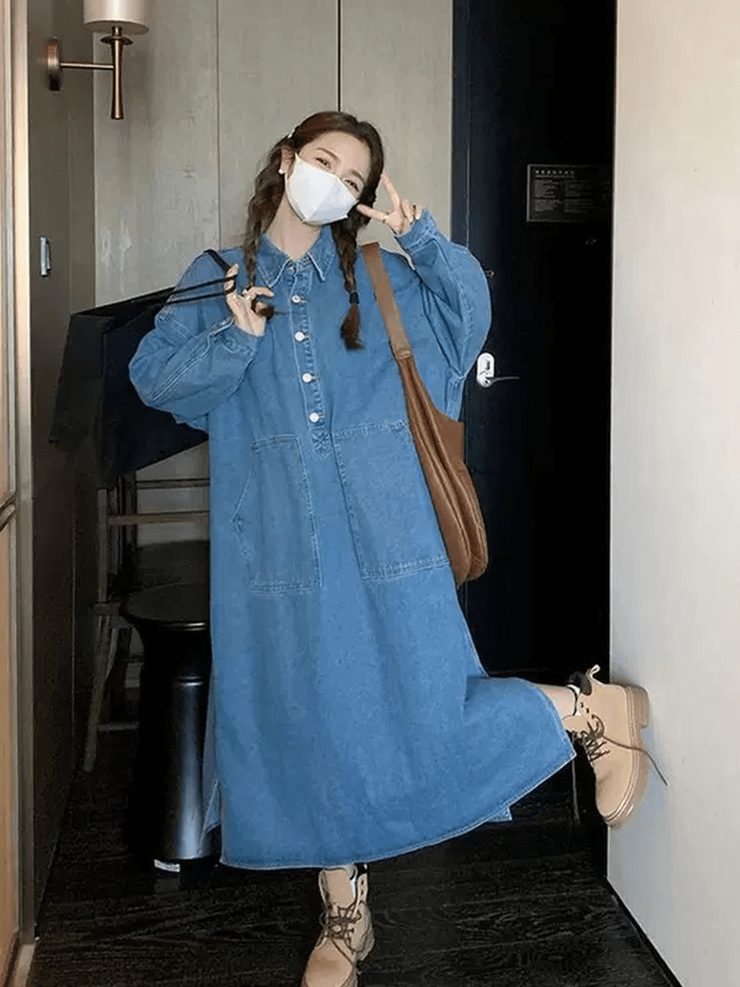 한국 스타일 느긋한 바람 레트로 데님 여성 드레스 디자인 센스 빅 포켓 지방 mm 루즈핏 슬림해 보이는 롱 코트 셔츠 드레스 이미지 4