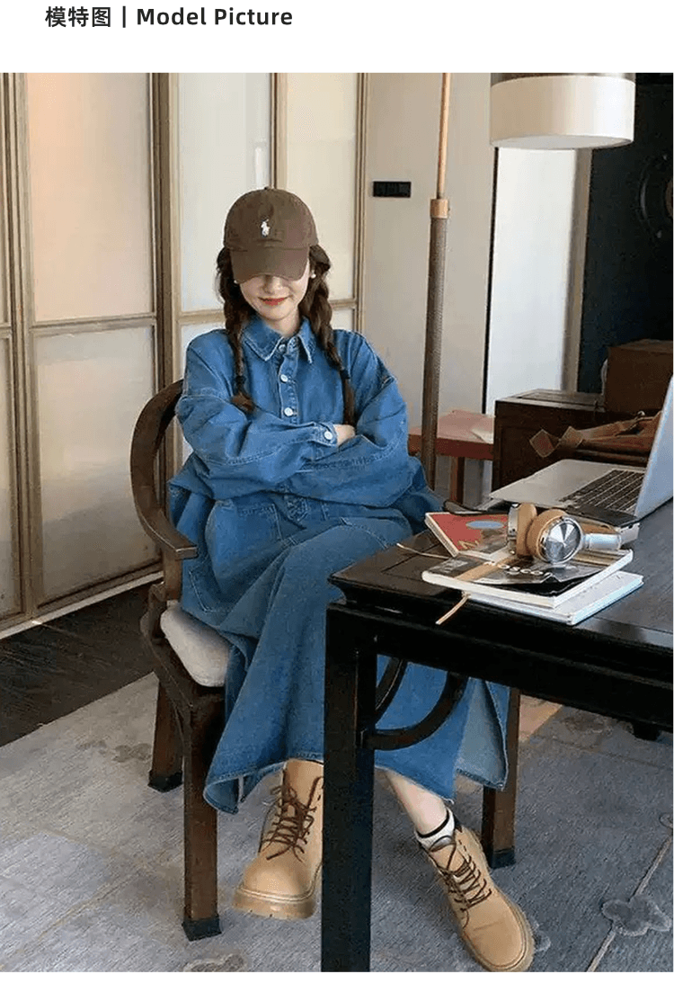 한국 스타일 느긋한 바람 레트로 데님 여성 드레스 디자인 센스 빅 포켓 지방 mm 루즈핏 슬림해 보이는 롱 코트 셔츠 드레스 상세 이미지 3