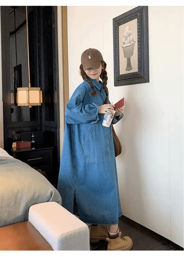 한국 스타일 느긋한 바람 레트로 데님 여성 드레스 디자인 센스 빅 포켓 지방 mm 루즈핏 슬림해 보이는 롱 코트 셔츠 드레스 상세 이미지 6