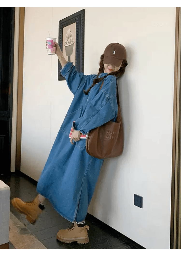 한국 스타일 느긋한 바람 레트로 데님 여성 드레스 디자인 센스 빅 포켓 지방 mm 루즈핏 슬림해 보이는 롱 코트 셔츠 드레스 상세 이미지 8