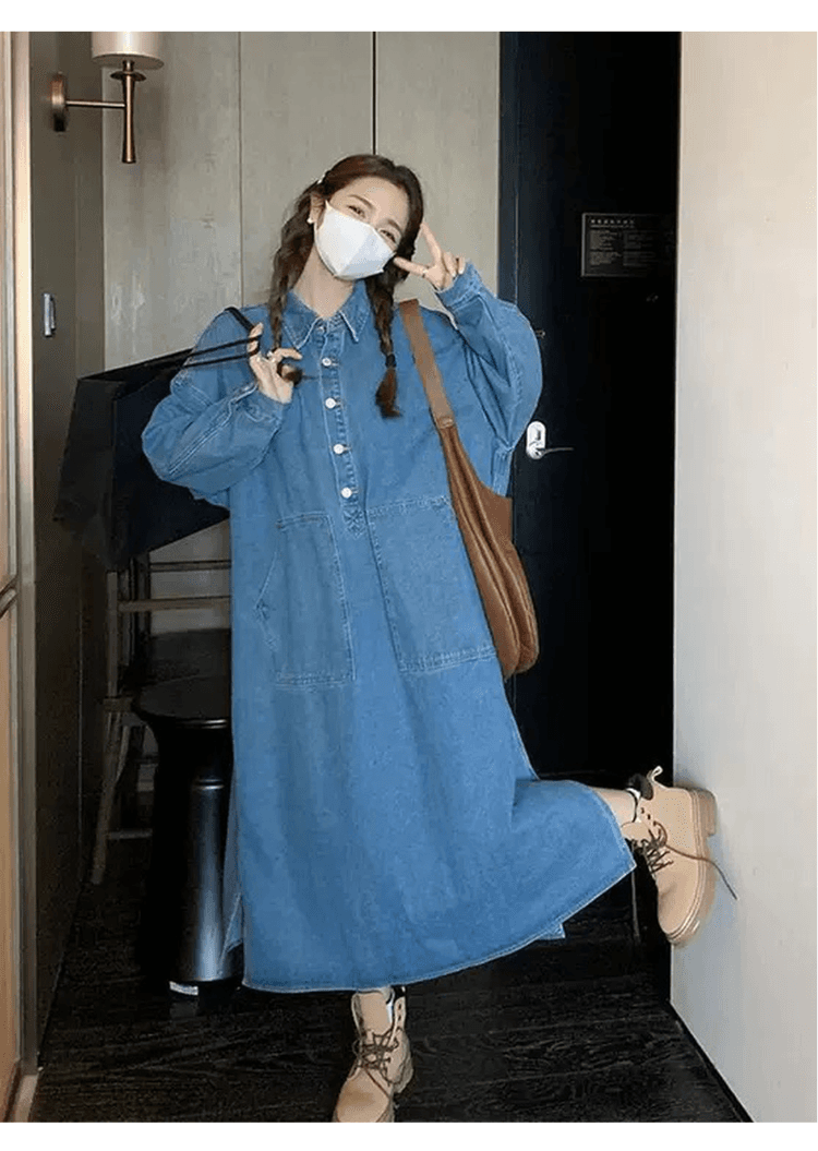 한국 스타일 느긋한 바람 레트로 데님 여성 드레스 디자인 센스 빅 포켓 지방 mm 루즈핏 슬림해 보이는 롱 코트 셔츠 드레스 상세 이미지 11