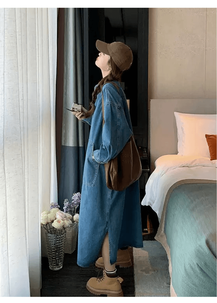 한국 스타일 느긋한 바람 레트로 데님 여성 드레스 디자인 센스 빅 포켓 지방 mm 루즈핏 슬림해 보이는 롱 코트 셔츠 드레스 상세 이미지 17