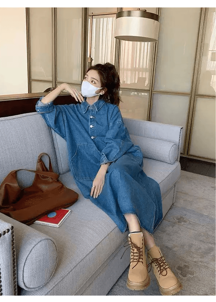 한국 스타일 느긋한 바람 레트로 데님 여성 드레스 디자인 센스 빅 포켓 지방 mm 루즈핏 슬림해 보이는 롱 코트 셔츠 드레스 상세 이미지 19