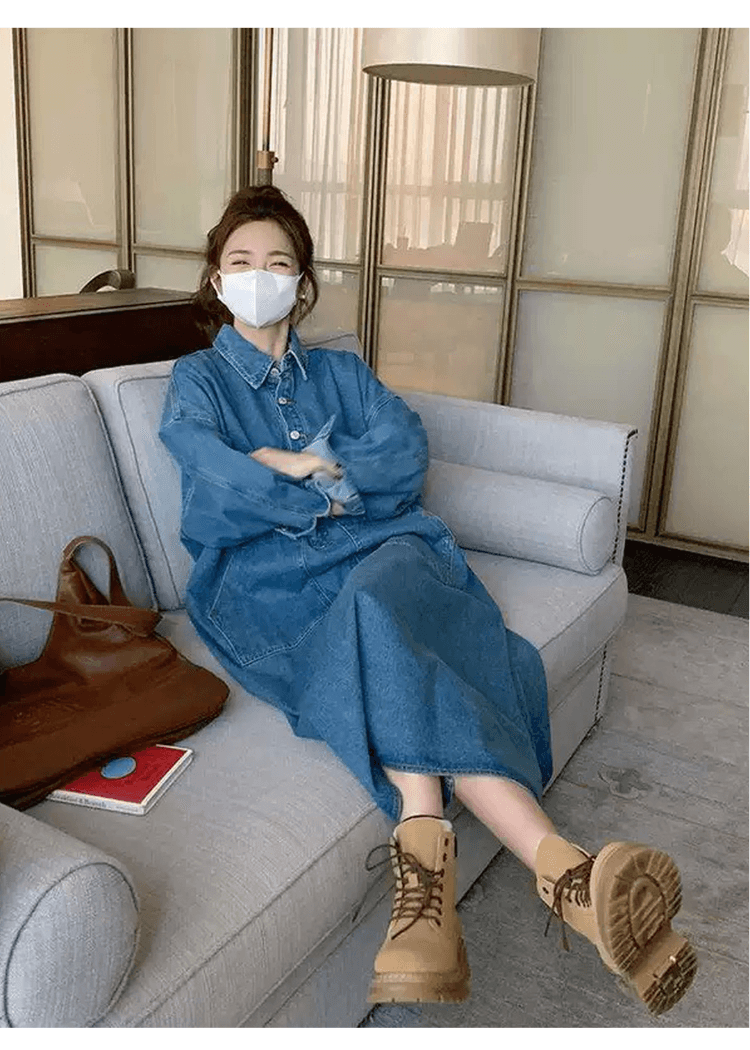 한국 스타일 느긋한 바람 레트로 데님 여성 드레스 디자인 센스 빅 포켓 지방 mm 루즈핏 슬림해 보이는 롱 코트 셔츠 드레스 상세 이미지 20