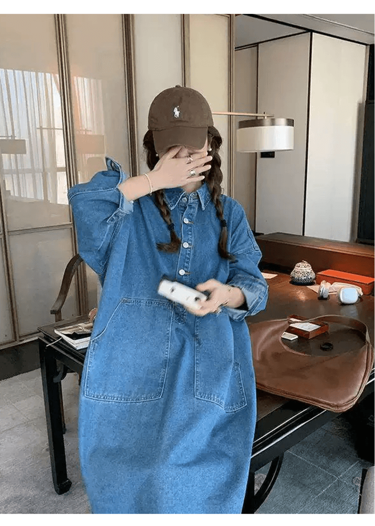한국 스타일 느긋한 바람 레트로 데님 여성 드레스 디자인 센스 빅 포켓 지방 mm 루즈핏 슬림해 보이는 롱 코트 셔츠 드레스 상세 이미지 21